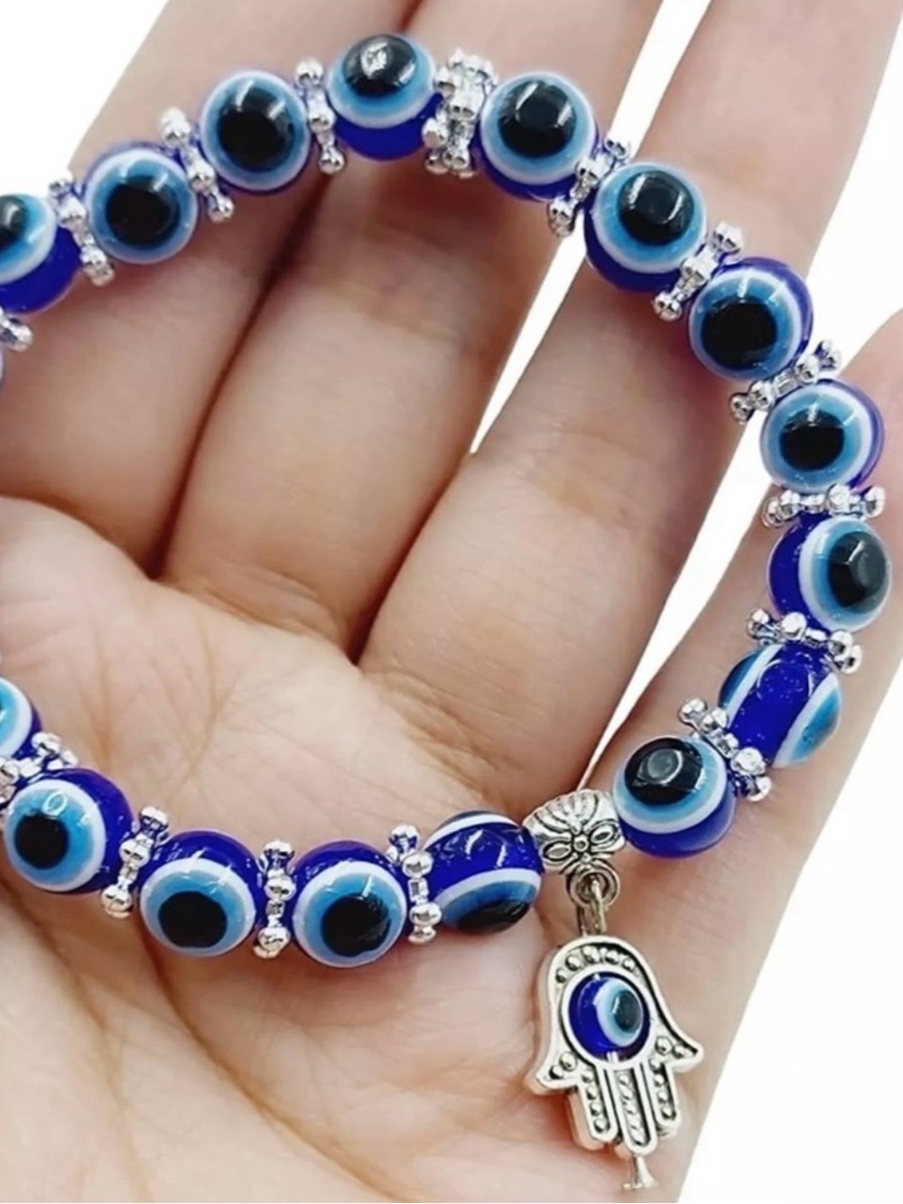 New Blue Evil Eye Hamsa Beaded Stretch Bracelet - Picture 2 of 3